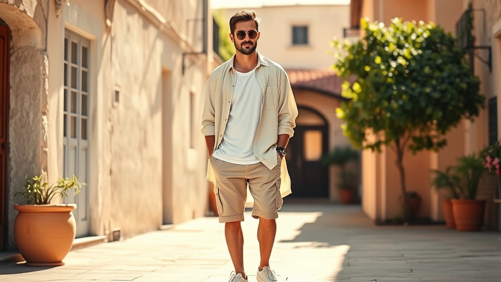 Man in oversized cream linen shirt unbuttoned over white t-shirt, relaxed khaki shorts, white sneakers, standing in bright natural sunlight with soft shadows, Mediterranean-inspired setting with warm tones