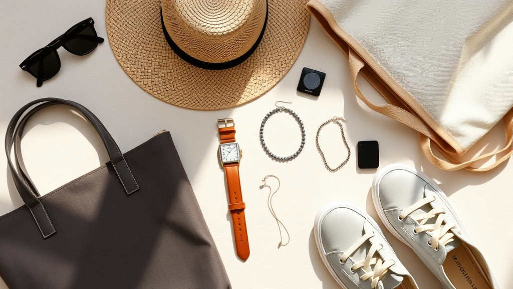 Flat lay of men's summer accessories including sunglasses, leather watch, straw hat, canvas tote, minimalist jewelry, and lightweight shoes arranged on neutral background with soft natural shadows