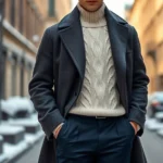 Photorealistic image of a man wearing an oversized charcoal wool coat over cream cable-knit sweater and navy tailored trousers, standing confidently in an urban winter setting with snow-covered architecture, natural lighting highlighting fabric textures and neutral color palette