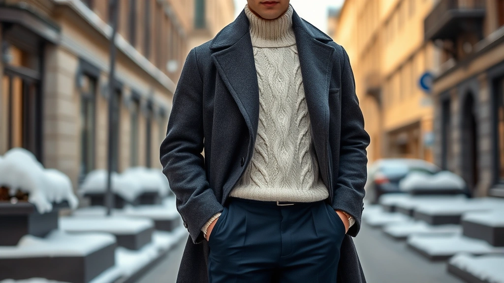 Photorealistic image of a man wearing an oversized charcoal wool coat over cream cable-knit sweater and navy tailored trousers, standing confidently in an urban winter setting with snow-covered architecture, natural lighting highlighting fabric textures and neutral color palette