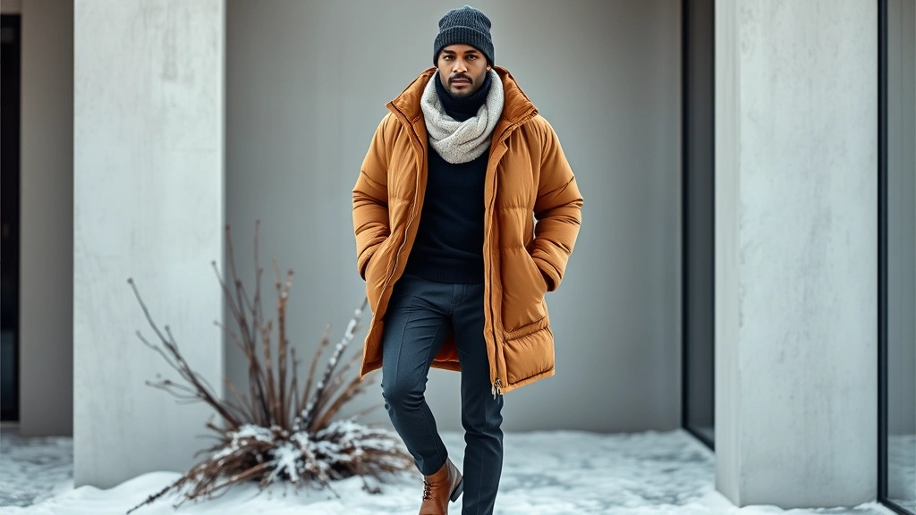 Professional photograph of a man in a camel oversized puffer jacket, navy turtleneck, tapered charcoal trousers, and cognac leather Chelsea boots, styled with a cream oversized scarf and charcoal beanie, posed against a modern minimal winter backdrop with soft natural lighting