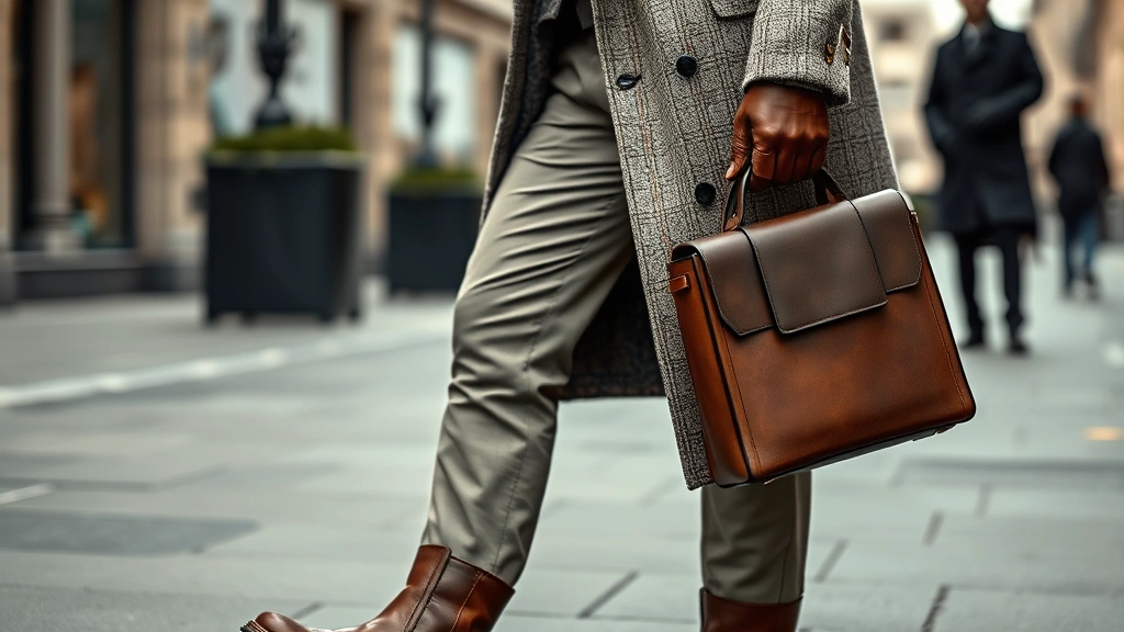Detailed fashion shot of a man wearing a premium tweed blazer in neutral tones layered beneath a long wool coat, paired with tailored trousers and chunky-soled leather boots, accessorized with leather gloves and a structured winter bag, photographed in sophisticated winter urban environment