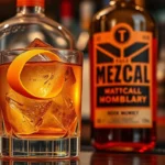 Artfully arranged mezcal bottle with rocks glass containing amber cocktail, large ice cube, orange peel twist, professional bar setting with warm lighting and blurred bottles background