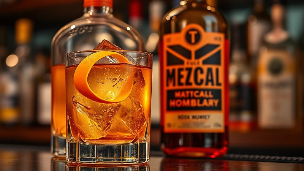 Artfully arranged mezcal bottle with rocks glass containing amber cocktail, large ice cube, orange peel twist, professional bar setting with warm lighting and blurred bottles background