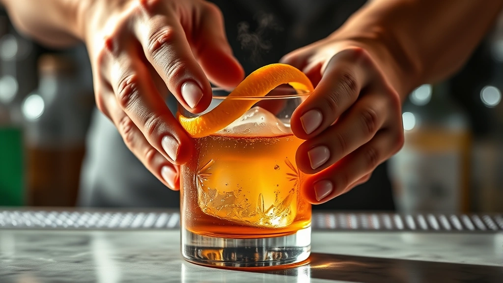 Close-up of bartender's hands expressing orange peel oils over mezcal old fashioned cocktail, dramatic lighting highlighting citrus oils mist, elegant rocks glass with single large ice cube