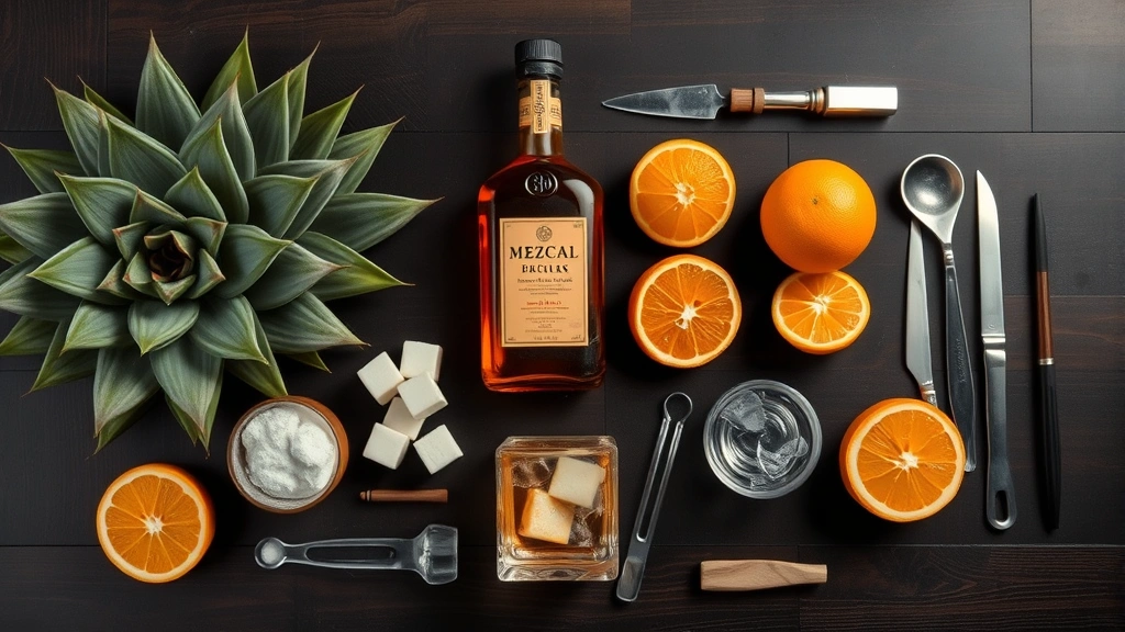 Sophisticated flat lay of mezcal old fashioned ingredients including agave plant, sugar cubes, bitters bottle, fresh oranges, quality rocks glass, and bar tools arranged on dark wooden surface