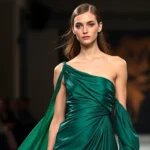 Luxury fashion model wearing rich emerald green fluid silk gown with dramatic asymmetrical neckline on Milan runway, professional stage lighting, sophisticated evening wear aesthetic