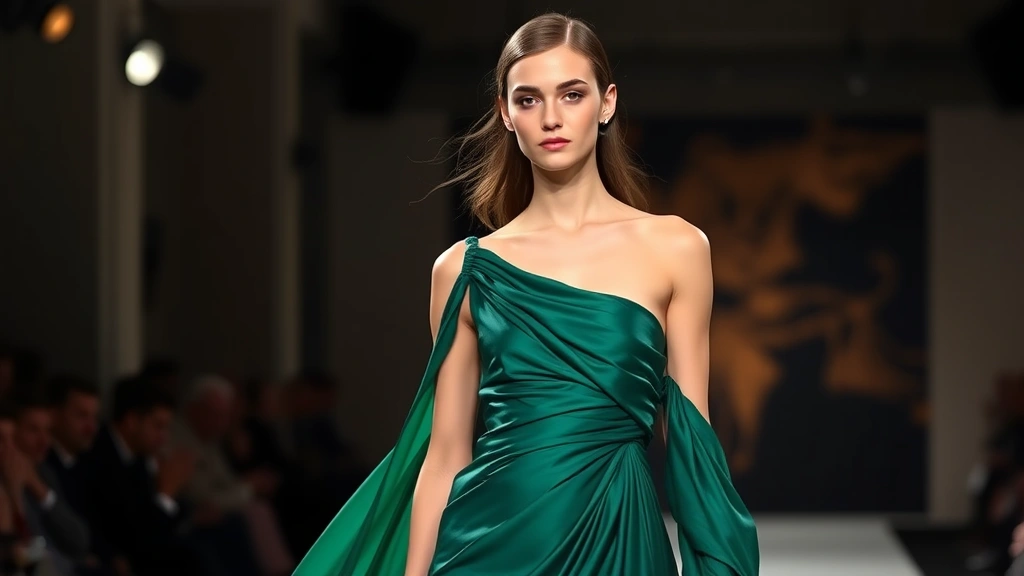 Luxury fashion model wearing rich emerald green fluid silk gown with dramatic asymmetrical neckline on Milan runway, professional stage lighting, sophisticated evening wear aesthetic