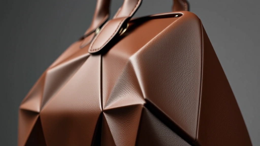 Close-up of high-end sculptural handbag in chocolate brown with geometric architectural shape, metallic accents, professional fashion photography studio setting