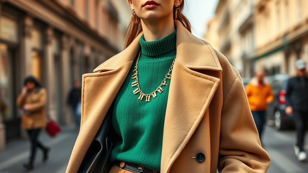 Fashion editor on Milan street wearing oversized camel coat over emerald sweater, statement gold jewelry, minimalist styling, urban luxury aesthetic, natural daylight