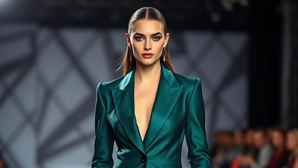 Elegant Italian fashion model on Milan runway wearing sharp tailored blazer with jewel tone emerald fabric, precise shoulders, modern silhouette, dramatic lighting, luxury fashion week setting, professional photography