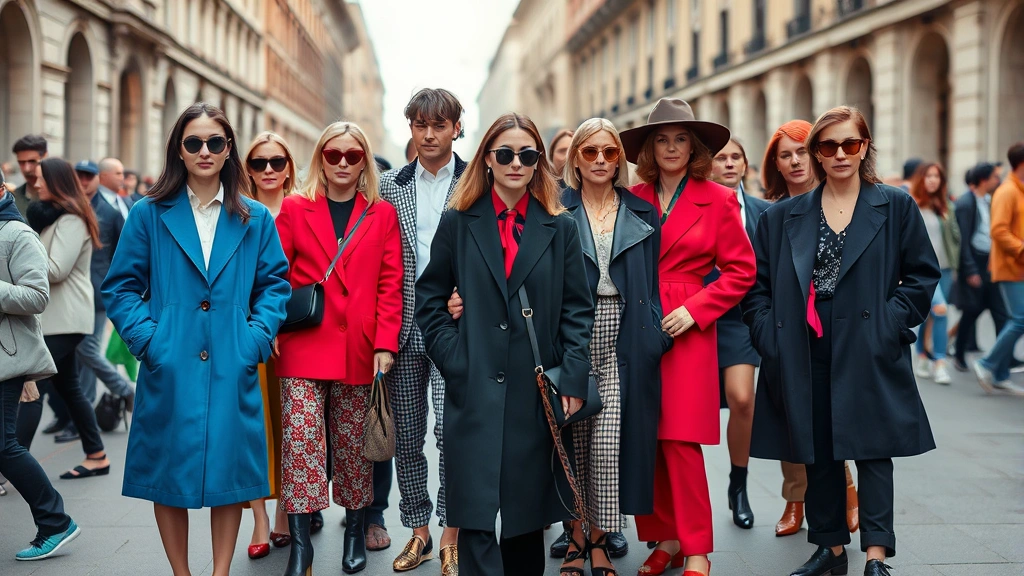 Diverse group of fashion attendees on Milan street wearing bold color combinations, oversized tailored pieces, statement accessories, sustainable vintage mixed with contemporary designers, candid street style photography