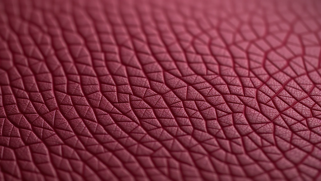 Close-up detail of innovative sustainable fabric texture, lab-grown leather alternative with rich burgundy tone, artisanal stitching detail, luxury material showcase, macro photography highlighting craftsmanship
