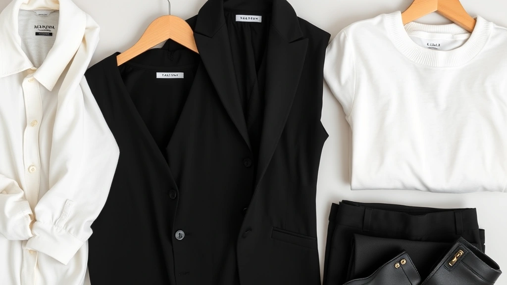 Capsule wardrobe flat lay featuring neutral tones—white, grey, black, beige—with simple basics, quality fabrics, organized composition, minimalist styling