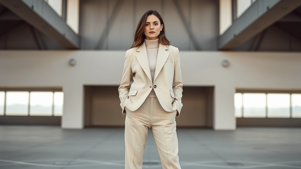 Woman wearing tailored neutral outfit in modern architectural space, clean lines, monochromatic palette, confident posture, contemporary minimalist fashion editorial style
