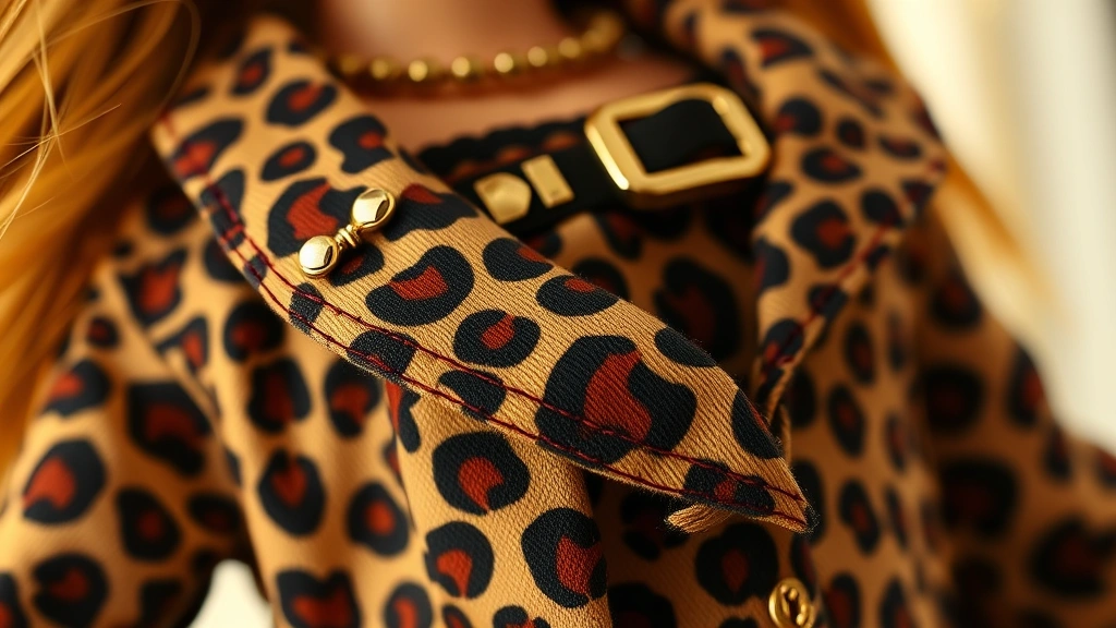 Close-up detail shot of leopard-print fabric texture on designer doll outfit, showing precise stitching, layered accessories, and metallic hardware details in warm lighting