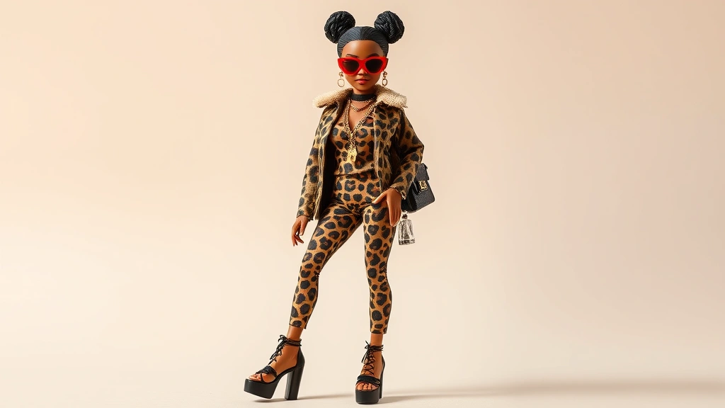High-fashion styled doll wearing complete original outfit with leopard-print ensemble, platform footwear, statement jewelry, and bold accessories against neutral background