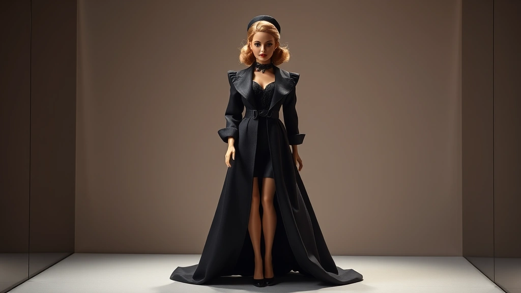 Full-length display of reproduction doll in original fashion with dramatic styling, showing proportion, silhouette, and complete accessory coordination with professional lighting