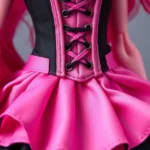 Close-up of Draculaura doll's signature pink and black corseted dress with layered skirts, showing intricate seaming and color blocking details, professional studio lighting