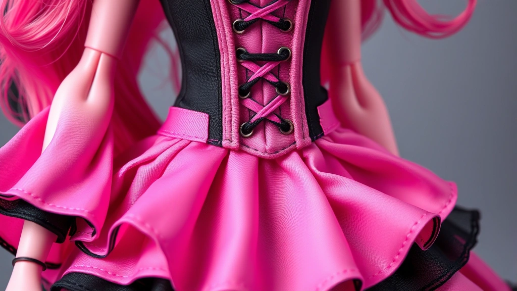 Close-up of Draculaura doll's signature pink and black corseted dress with layered skirts, showing intricate seaming and color blocking details, professional studio lighting