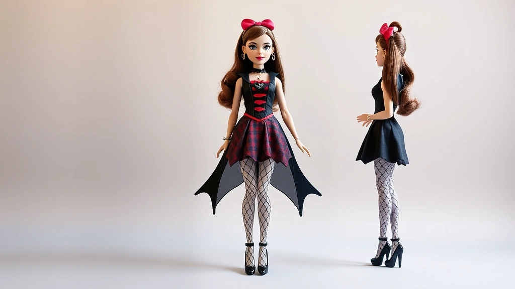 Full-body display of Draculaura reproduction doll in complete original outfit including accessories, heart-shaped jewelry, coordinated footwear, and hair accessories, against neutral backdrop