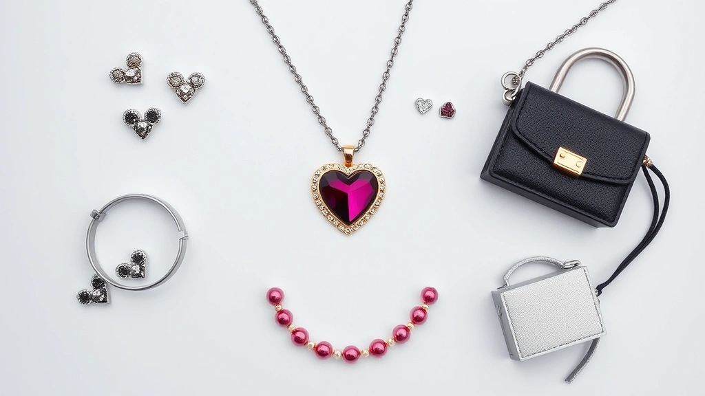 Detailed flat-lay of Draculaura's original fashion accessories including heart-shaped pendant, metallic bracelets, decorative hair clips, and miniature handbag, arranged artistically