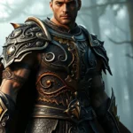 Muscular hunter in ornate dragon-scale chest armor with gold metallic accents standing in misty forest, dramatic lighting highlighting intricate armor details and flowing cape, photorealistic high fantasy aesthetic