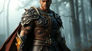 Muscular hunter in ornate dragon-scale chest armor with gold metallic accents standing in misty forest, dramatic lighting highlighting intricate armor details and flowing cape, photorealistic high fantasy aesthetic