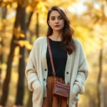 Woman wearing oversized cream cardigan with layered long-sleeved shirt, loose brown linen skirt, standing in dappled forest sunlight with soft natural lighting, autumn leaves background, peaceful serene expression, natural makeup, vintage leather crossbody bag, photorealistic natural lighting