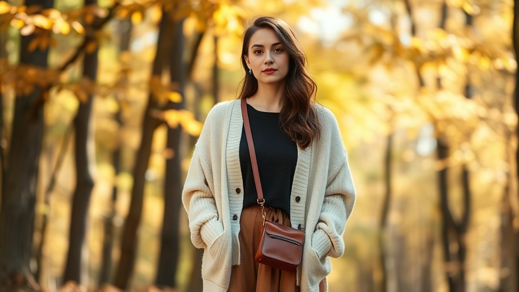 Woman wearing oversized cream cardigan with layered long-sleeved shirt, loose brown linen skirt, standing in dappled forest sunlight with soft natural lighting, autumn leaves background, peaceful serene expression, natural makeup, vintage leather crossbody bag, photorealistic natural lighting