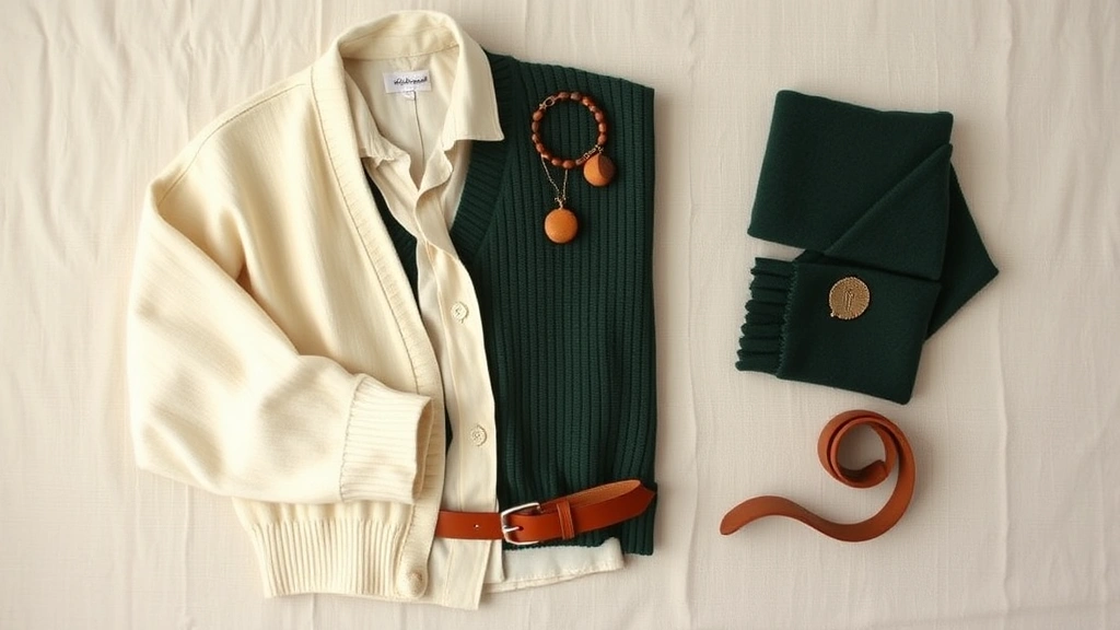 Flat lay styling of mori kei wardrobe essentials: folded cream wool cardigan, beige linen shirt, forest green sweater, vintage wooden jewelry, leather belt, small vintage brooch on neutral linen background, natural daylight, warm tones, minimalist composition