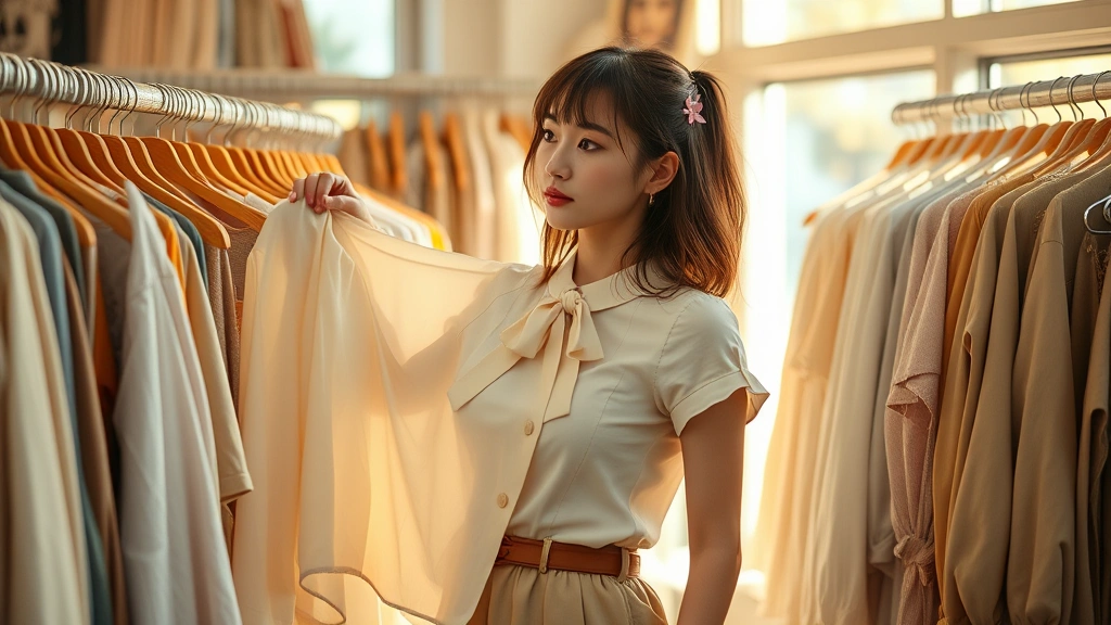 Young woman in mori kei outfit thrifting in vintage shop, holding up cream colored vintage blouse, surrounded by racks of neutral-toned clothing, natural window light, peaceful thoughtful expression, vintage store aesthetic, warm golden hour lighting