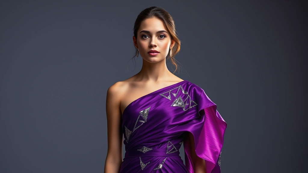A young woman wearing a deep purple asymmetrical dress with iridescent metallic accents, geometric patterns, and shimmering layered fabrics, standing confidently in modern studio lighting with ethereal glowing effects around the silhouette, fashion editorial style photography