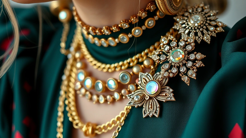 Close-up detail shot of statement jewelry and accessories including layered metallic necklaces, holographic rings, and ornate hair clips in gold and silver tones against jewel-tone fabrics, professional fashion styling photography with bright studio lighting