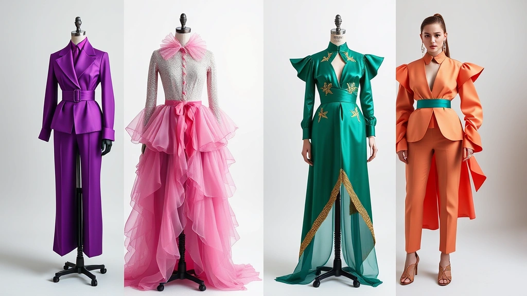 Fashion lookbook featuring four distinct outfits inspired by pixie aesthetics: purple teal ensemble, pink silver combination, emerald green with gold accents, and coral rose gold styling, displayed on dress forms or worn by models in minimalist studio setting, high-fashion photography