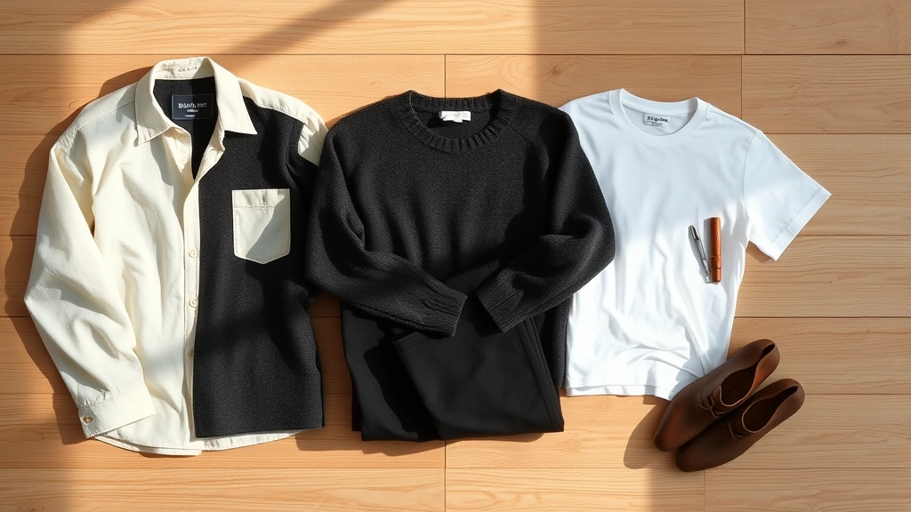 Professional flat lay of Nordic fashion basics: cream linen shirt, charcoal wool sweater, black tailored trousers, white cotton t-shirt, leather minimalist accessories, arranged on natural wood surface with soft shadows