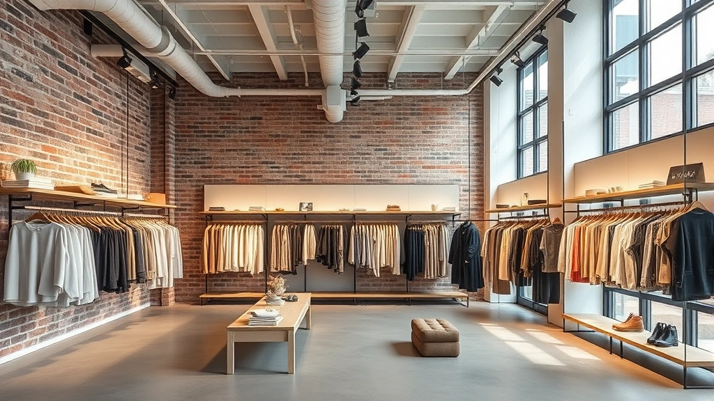 Modern Nordic fashion store interior showcasing sustainable design: exposed brick walls, minimal product display, neutral color palette, quality materials, architectural lighting, ethical fashion merchandise, Scandinavian simplicity