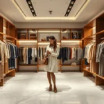 Luxury fashion boutique interior with designer clothing displayed on elegant wooden racks, soft ambient lighting, marble floors, and a sophisticated woman browsing high-end garments in neutral tones