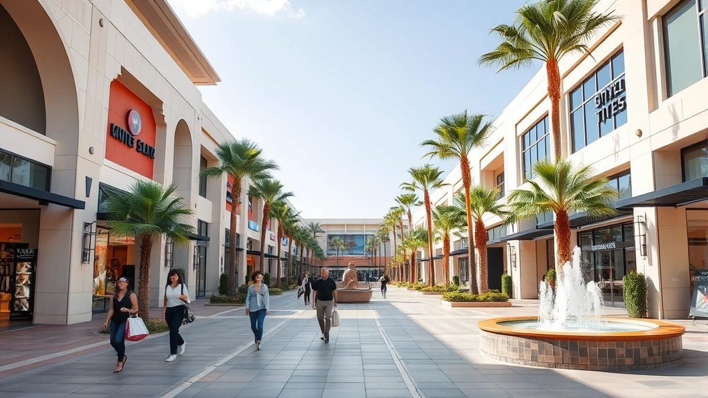 Upscale shopping center outdoor promenade with modern architecture, palm trees, water fountains, and stylishly dressed shoppers carrying designer shopping bags walking between storefronts