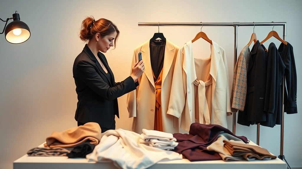 Personal stylist consultation scene showing professional woman arranging elegant clothing pieces on a light background, luxury fabrics and designer items arranged artistically, warm professional lighting