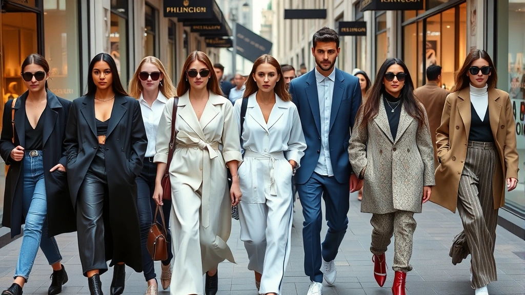 Diverse group of fashionable people wearing contemporary designer pieces in varied styles—minimalist, maximalist, and gender-neutral fashion—walking in upscale urban shopping district