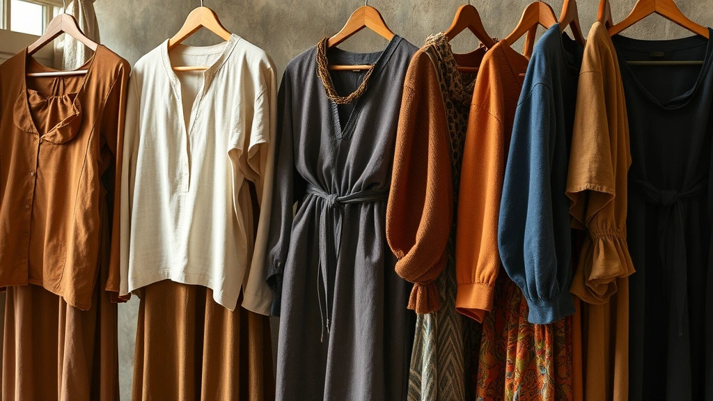 Sustainable fashion collection featuring organic cotton and recycled material garments in earth tones and jewel tones, displayed with natural lighting highlighting fabric texture and quality craftsmanship