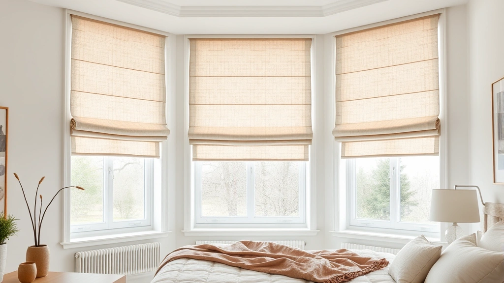 Luxurious roman shades in soft neutral tones draped elegantly on large windows, showing sophisticated fabric texture and precise pleating, natural daylight filtering through, modern minimalist bedroom setting