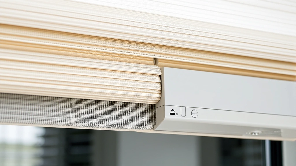 Close-up detail of premium honeycomb cellular shade mechanism showing advanced engineering, layered honeycomb structure, smooth motorized control panel, professional photography highlighting craftsmanship