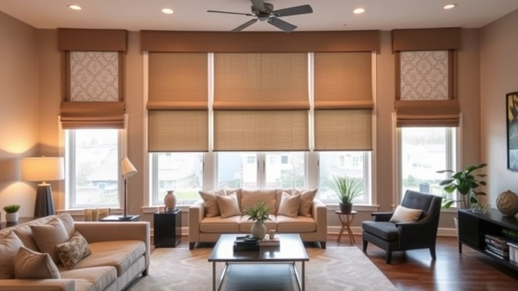 Styled home interior featuring floor-to-ceiling motorized window treatments in contemporary living room, coordinating with modern furniture and decor, warm ambient lighting, showing how treatments frame the windows as design focal points