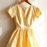 Elegant 1950s vintage dress with full skirt and fitted bodice displayed on vintage wooden hanger, soft natural lighting highlighting fabric texture and craftsmanship