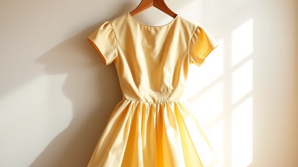 Elegant 1950s vintage dress with full skirt and fitted bodice displayed on vintage wooden hanger, soft natural lighting highlighting fabric texture and craftsmanship