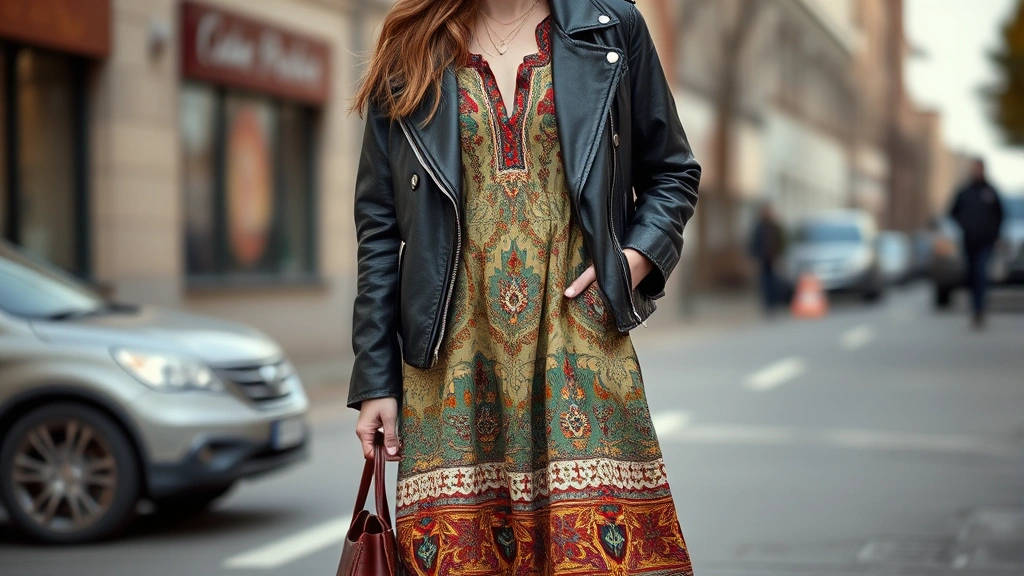 Styled vintage outfit combining 1970s bohemian dress with modern leather jacket and contemporary sneakers, fashion-forward street style photography outdoors