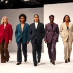 Diverse models on modern minimalist runway wearing jewel-tone oversized blazers and tailored wide-leg trousers, professional lighting, high fashion photography, contemporary New York venue setting