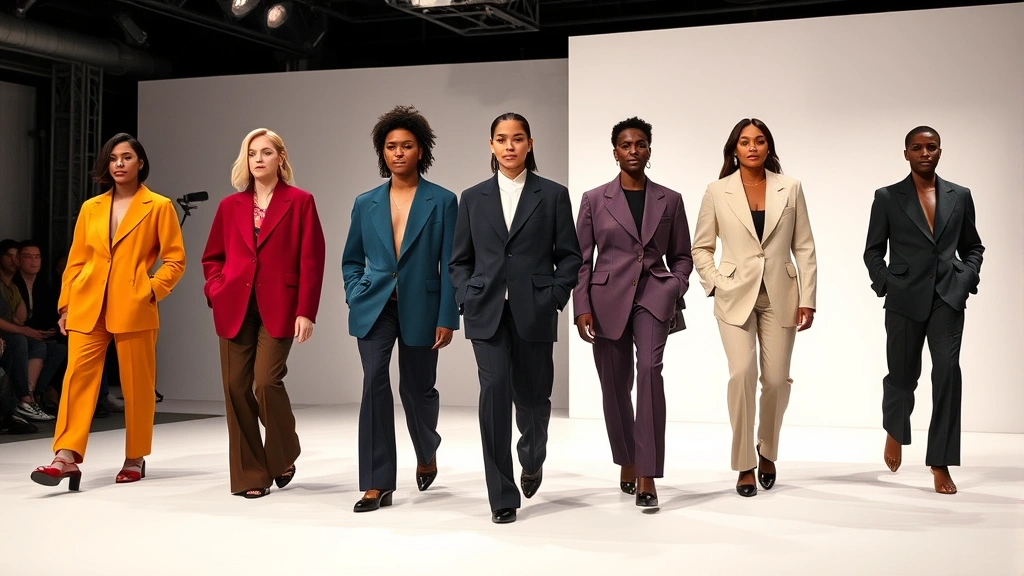 Diverse models on modern minimalist runway wearing jewel-tone oversized blazers and tailored wide-leg trousers, professional lighting, high fashion photography, contemporary New York venue setting